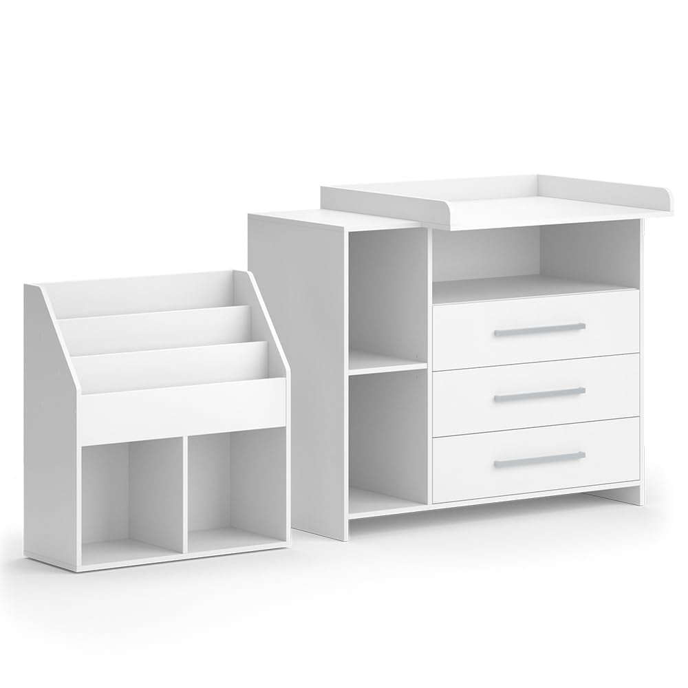 Vicco Oskar Kinderzimmer Set mit Wickelkommode & Spielzeugregal – Umbaubare Babyzimmer Möbel Weiß