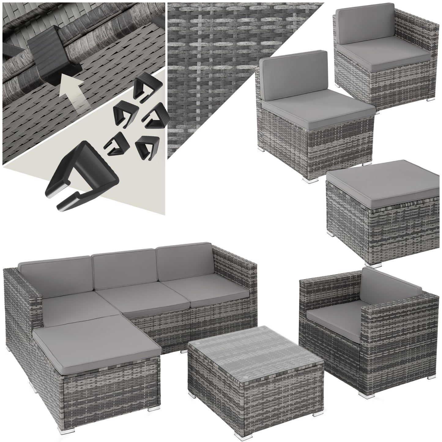 tectake Poly Rattan Lounge Gartenmöbel Set mit Sofa, Sesseln & Tisch – Wetterfeste Outdoor Sitzgruppe