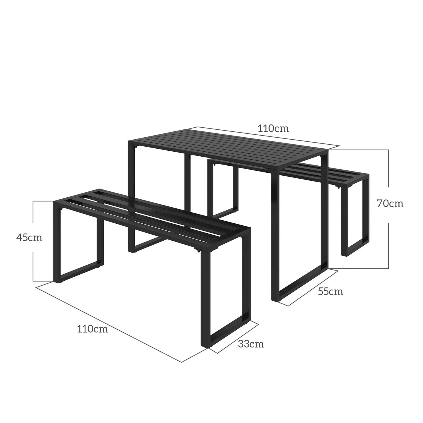 Modernes Gartenset aus Metall – Tisch und 2 Bänke – Schwarz – 4 Personen