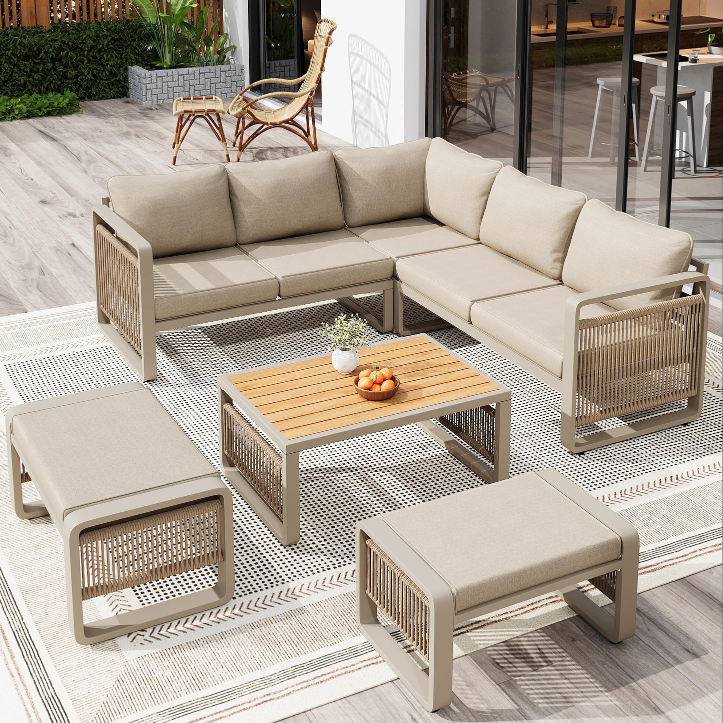 Merax Gartenmöbel Lounge Set Grau für 6-7 Personen, Wetterfestes Gartensofa mit Liege & Eckgarnitur für Terrasse und Balkon
