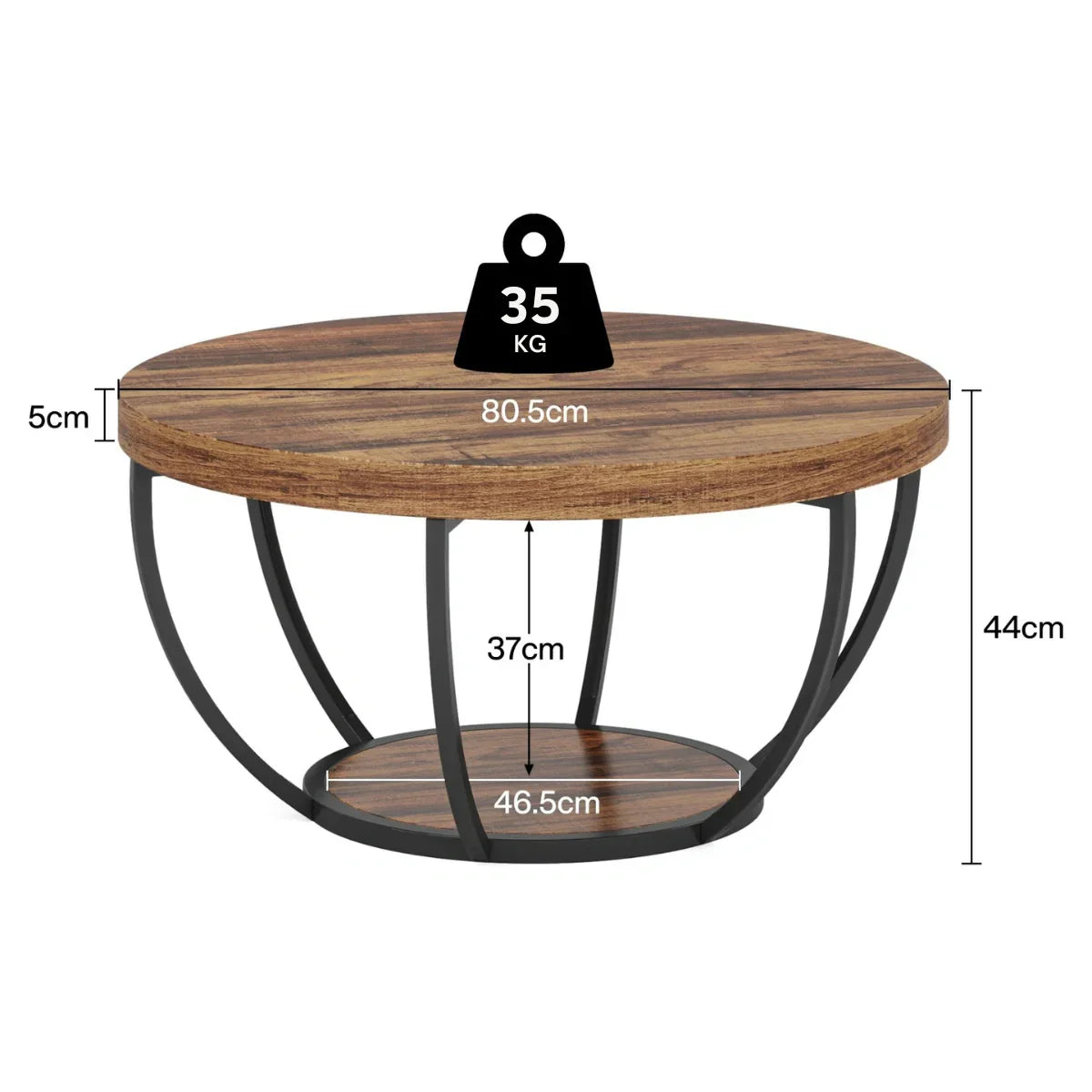 Eleganter Runder Couchtisch mit Ablageboden – Bogenförmiger Stahlrahmen – Ø80,5 cm