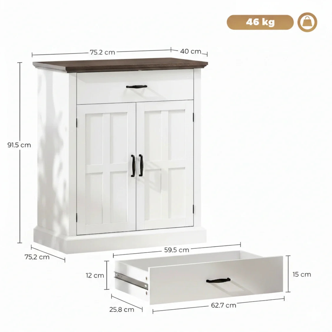 Rustik Kommode mit 2 Türen und 1 Schublade – Weiß & Dunkelbraun – 75,2 × 91,5 cm