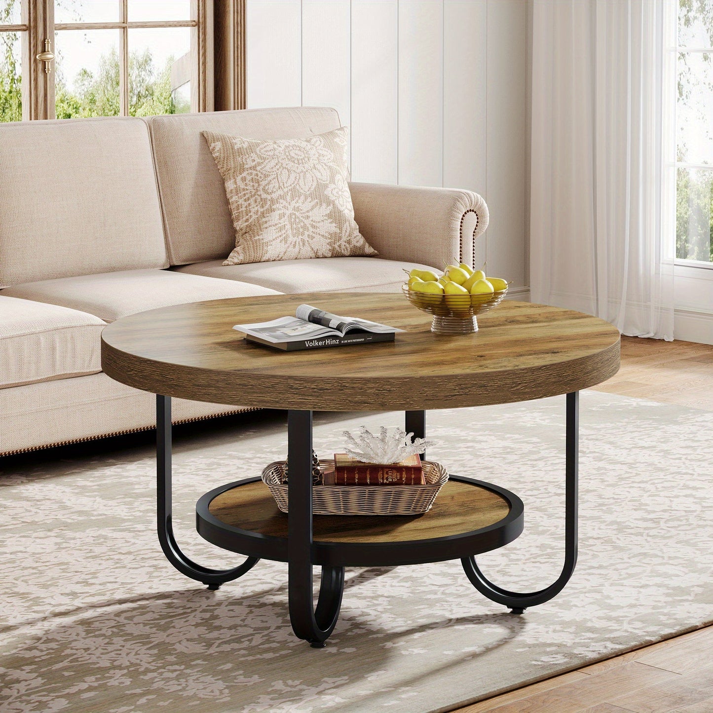 Eleganter runder Couchtisch mit Ablage – Gebogener Stahlrahmen – Ø80 cm