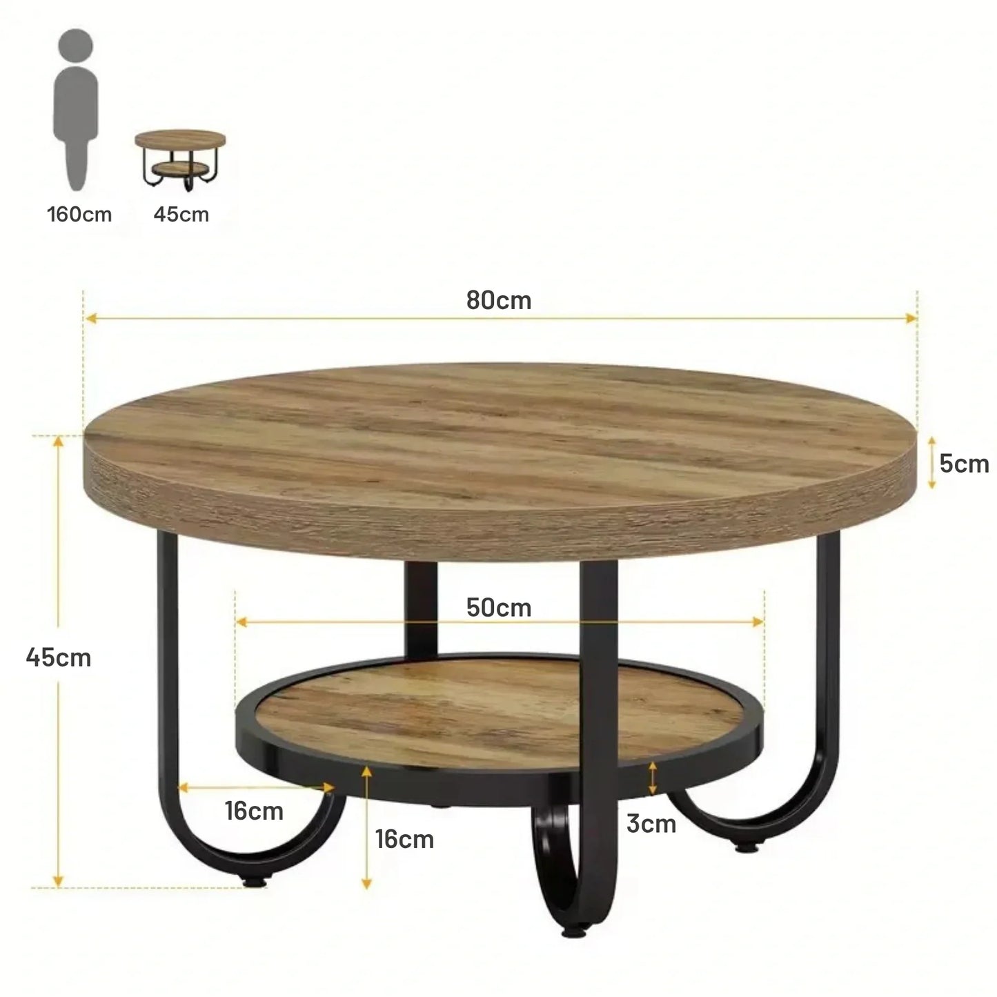 Eleganter runder Couchtisch mit Ablage – Gebogener Stahlrahmen – Ø80 cm