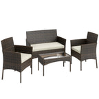 Komplette Loungegruppe aus Polyrattan für 4 Personen – Sofa, Sessel & Couchtisch mit Glas – Braun/Beige