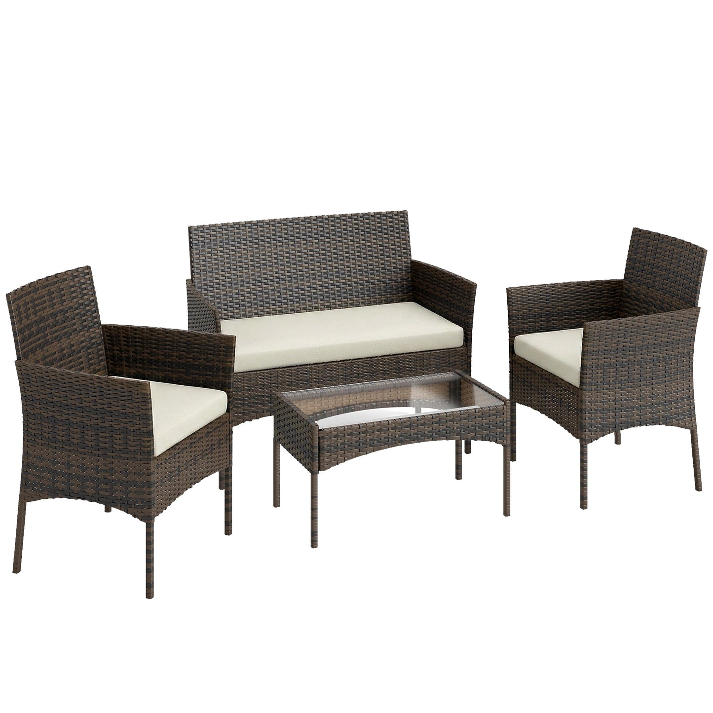 Komplette Loungegruppe aus Polyrattan für 4 Personen – Sofa, Sessel & Couchtisch mit Glas – Braun/Beige