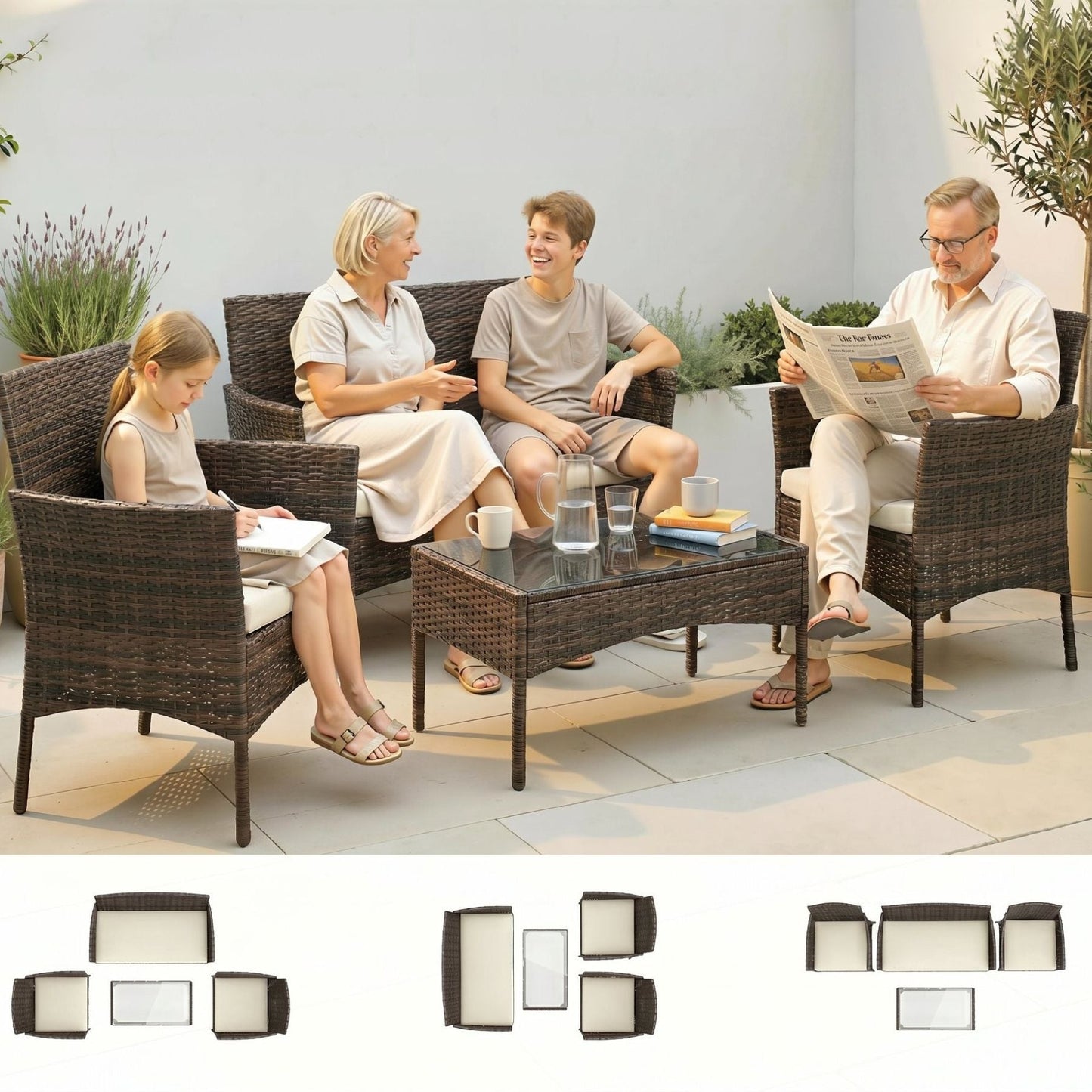 Komplette Loungegruppe aus Polyrattan für 4 Personen – Sofa, Sessel & Couchtisch mit Glas – Braun/Beige