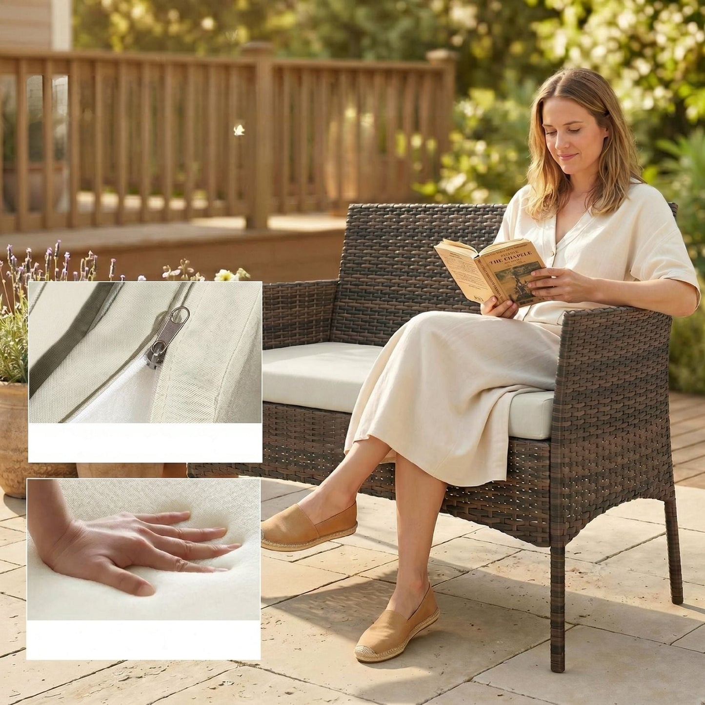 Komplette Loungegruppe aus Polyrattan für 4 Personen – Sofa, Sessel & Couchtisch mit Glas – Braun/Beige