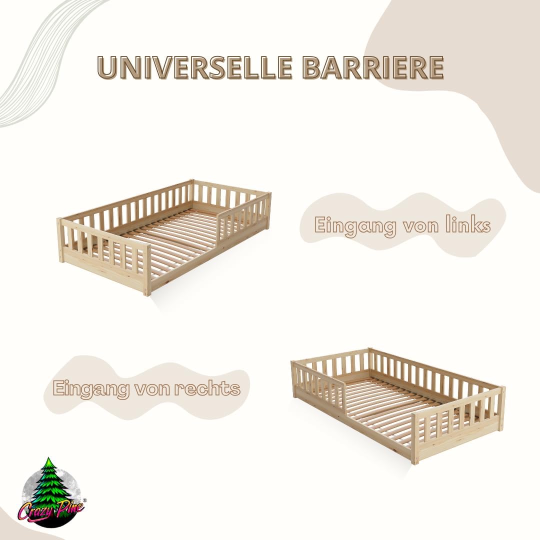 Crazy Pine Montessori Bodenbett Kinderbett Holz mit Schublade Rausfallschutz Skandinavisches Design