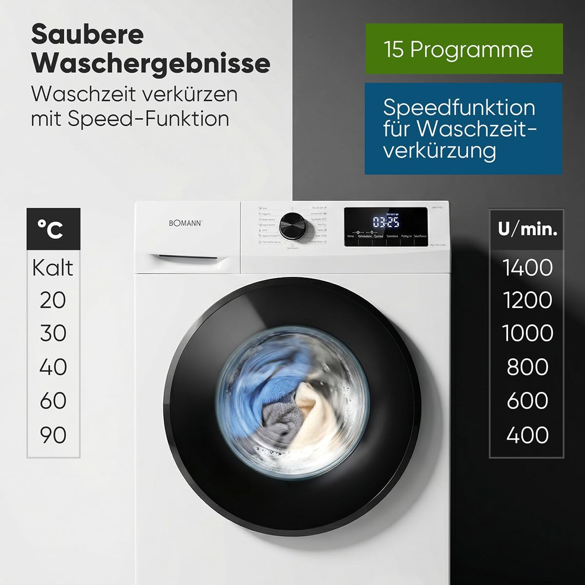 Bomann® Waschmaschine 7kg | max. 1400 U/min | 10 Jahre Motor-Garantie | effizienter, leiser & langlebiger Invertermotor | 15 Programme