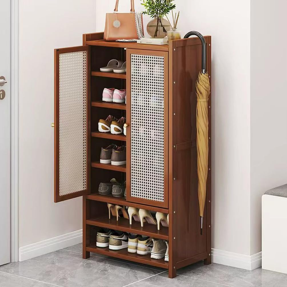 Schuhschrank Holz mit Korbgeflecht-Türen, Moderner Bambus Schuhschränke, Schuhregal mit Stauraum, Shoes Cabinet für Flur, Wohnzimmer, Schlafzimmer,H