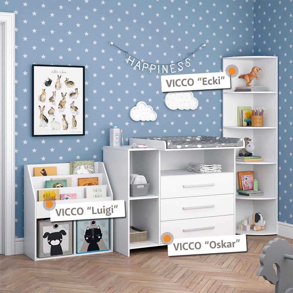 Vicco Oskar Kinderzimmer Set mit Wickelkommode & Spielzeugregal – Umbaubare Babyzimmer Möbel Weiß