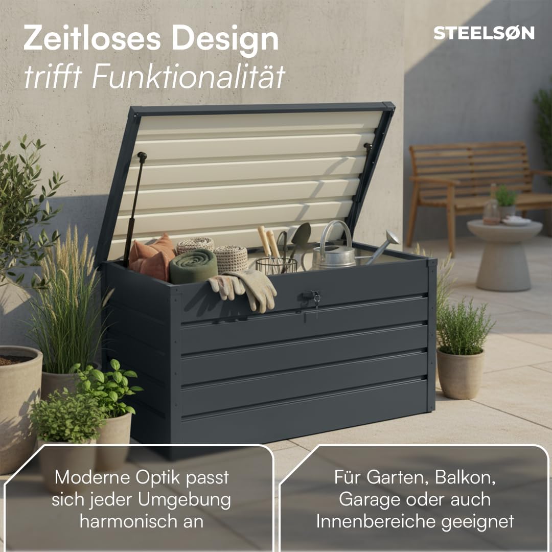 STEELSØN Gartenbox Dorado Metall Anthrazit wasserdicht abschließbar Auflagenbox mit Deckel Outdoor Aufbewahrungsbox