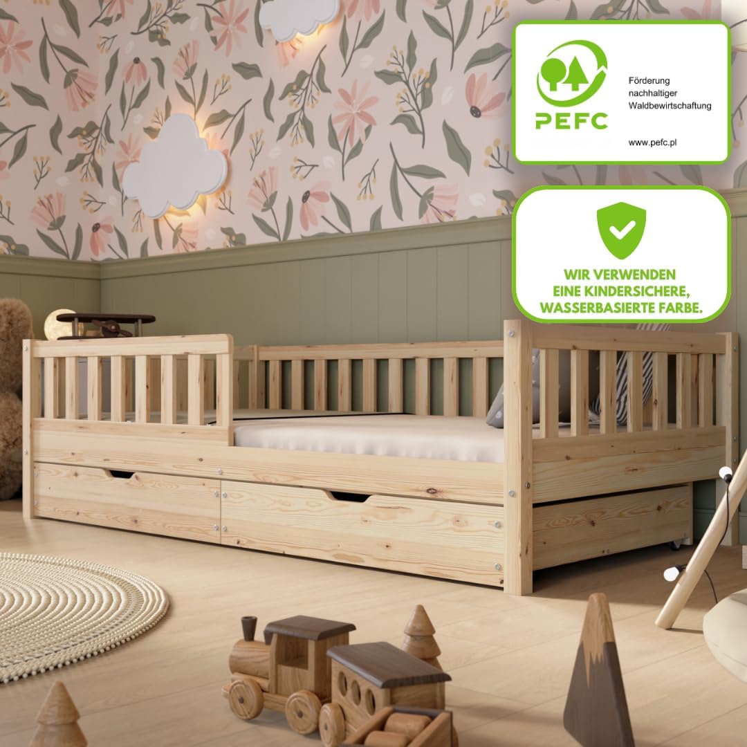 Crazy Pine Montessori Bodenbett Kinderbett Holz mit Schublade Rausfallschutz Skandinavisches Design