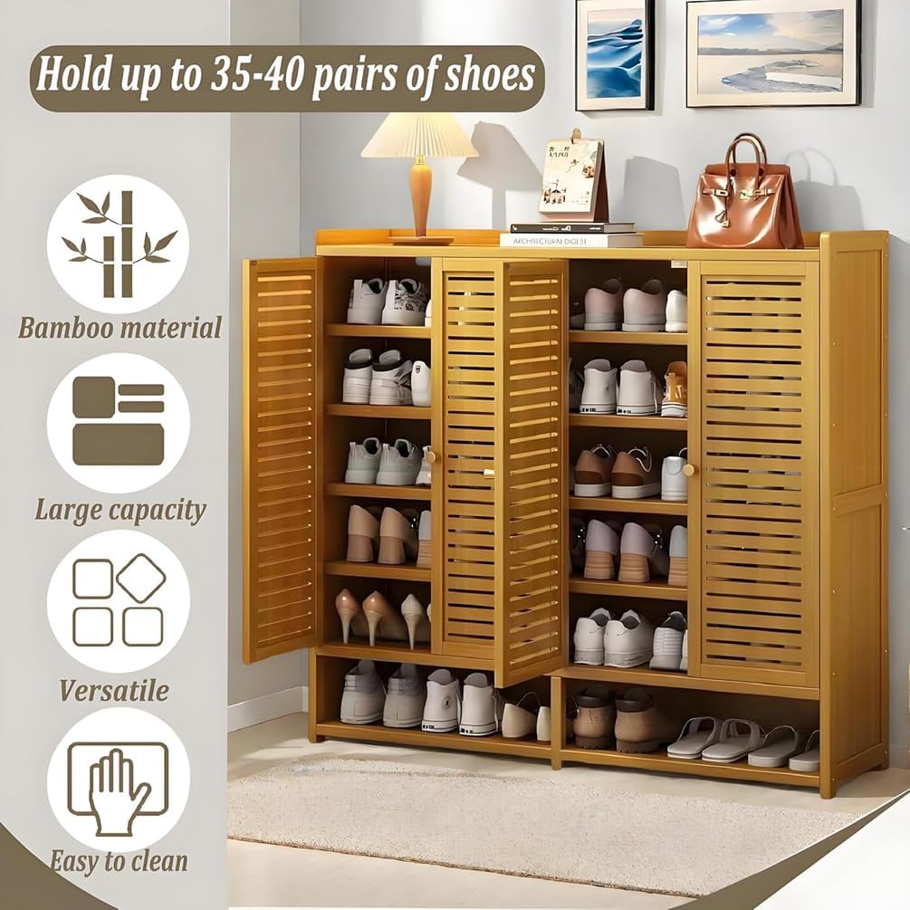 Schuhschrank Holz mit Korbgeflecht-Türen, Moderner Bambus Schuhschränke, Schuhregal mit Stauraum, Shoes Cabinet für Flur, Wohnzimmer, Schlafzimmer,H