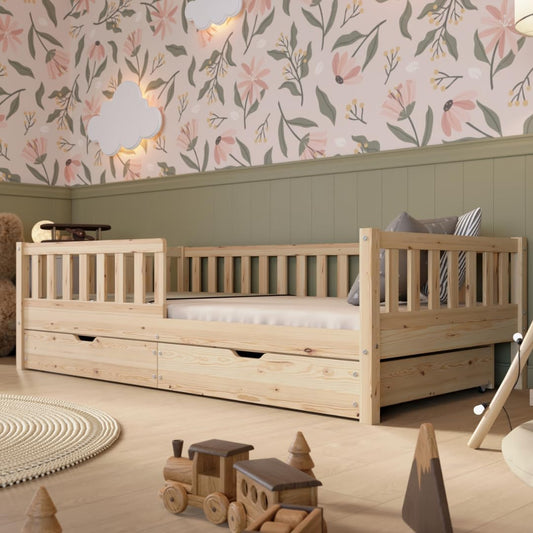 Crazy Pine Montessori Bodenbett Kinderbett Holz mit Schublade Rausfallschutz Skandinavisches Design