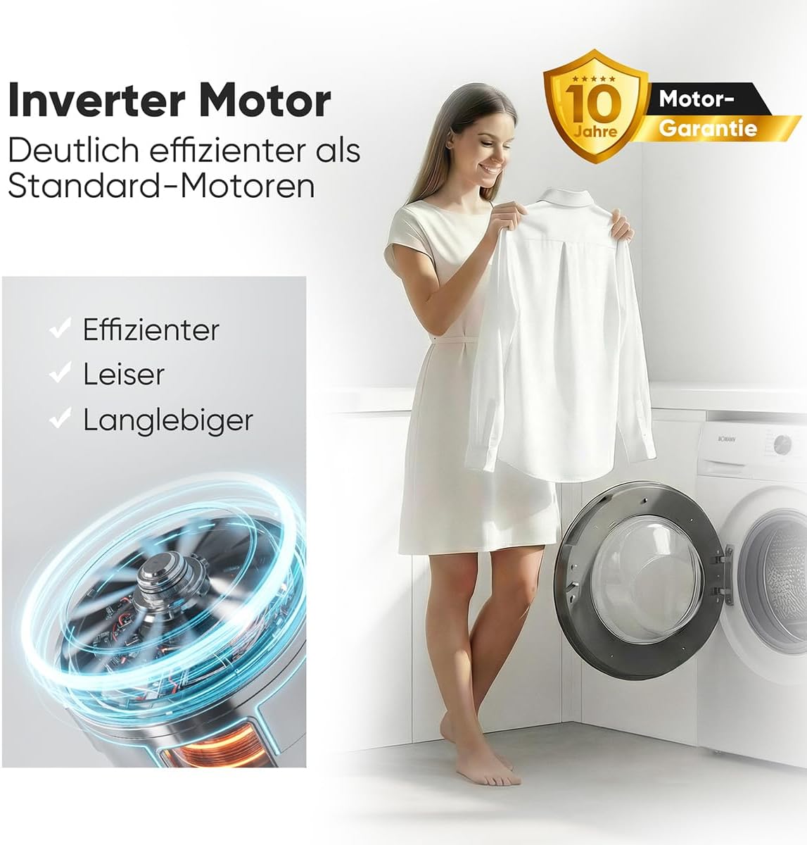 Bomann® Waschmaschine 7kg | max. 1400 U/min | 10 Jahre Motor-Garantie | effizienter, leiser & langlebiger Invertermotor | 15 Programme