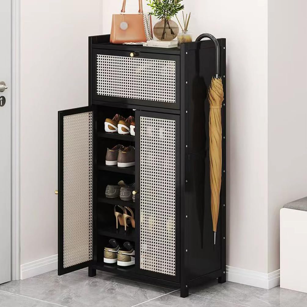 Schuhschrank Holz mit Korbgeflecht-Türen, Moderner Bambus Schuhschränke, Schuhregal mit Stauraum, Shoes Cabinet für Flur, Wohnzimmer, Schlafzimmer,H