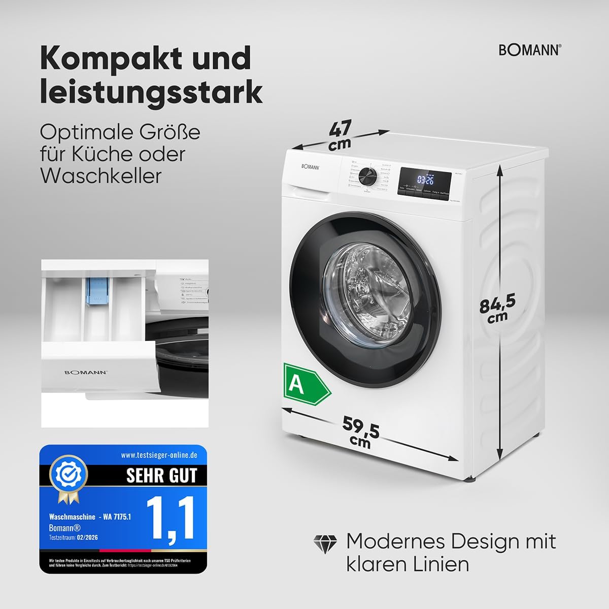 Bomann® Waschmaschine 7kg | max. 1400 U/min | 10 Jahre Motor-Garantie | effizienter, leiser & langlebiger Invertermotor | 15 Programme