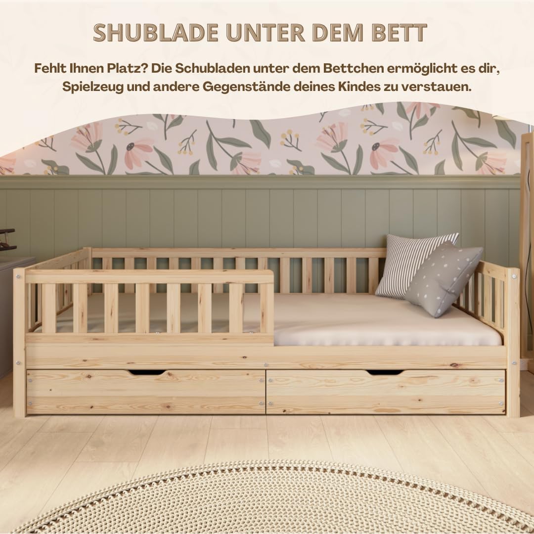 Crazy Pine Montessori Bodenbett Kinderbett Holz mit Schublade Rausfallschutz Skandinavisches Design