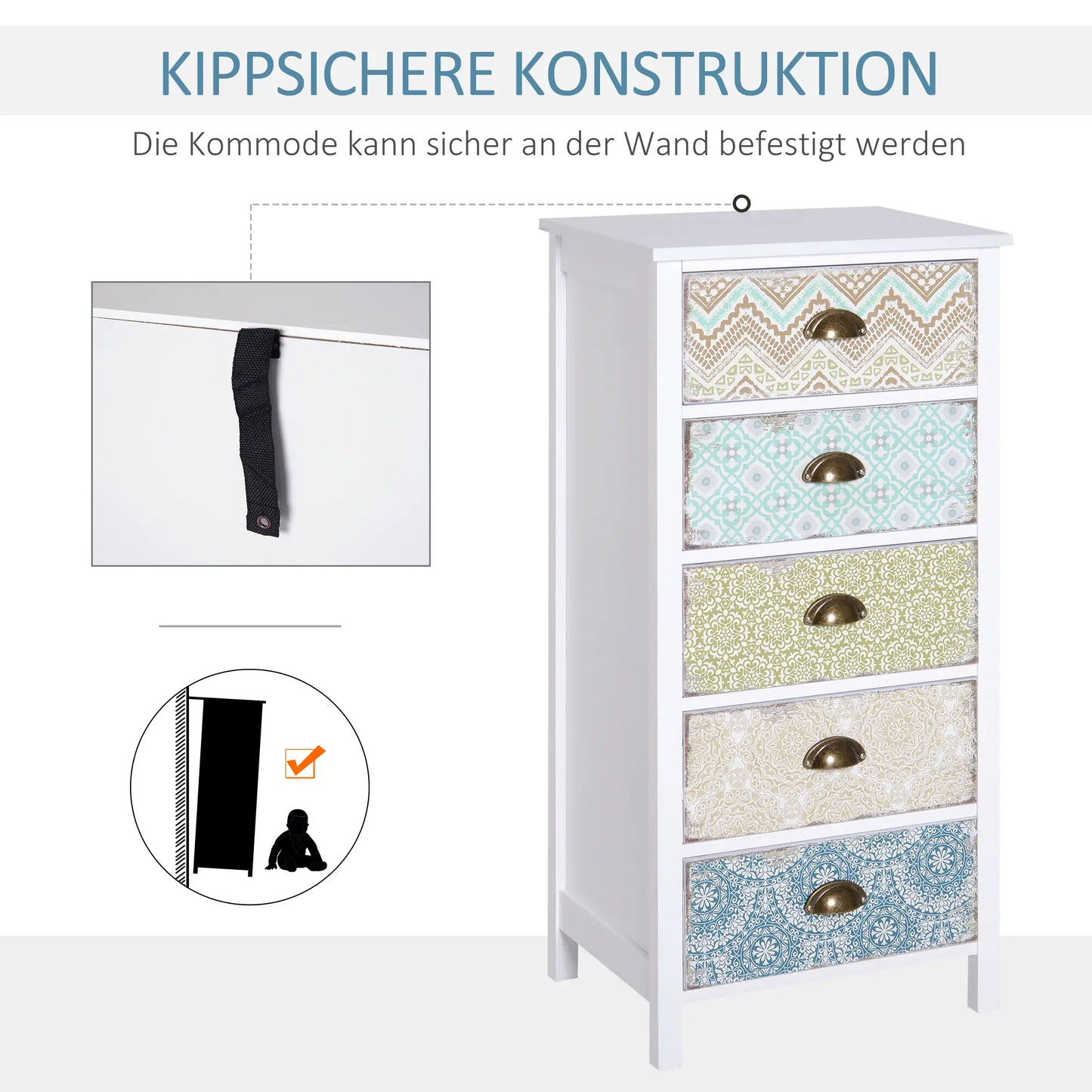Vintage Kommode mit Gemusterten Fronten – 5 Schubladen