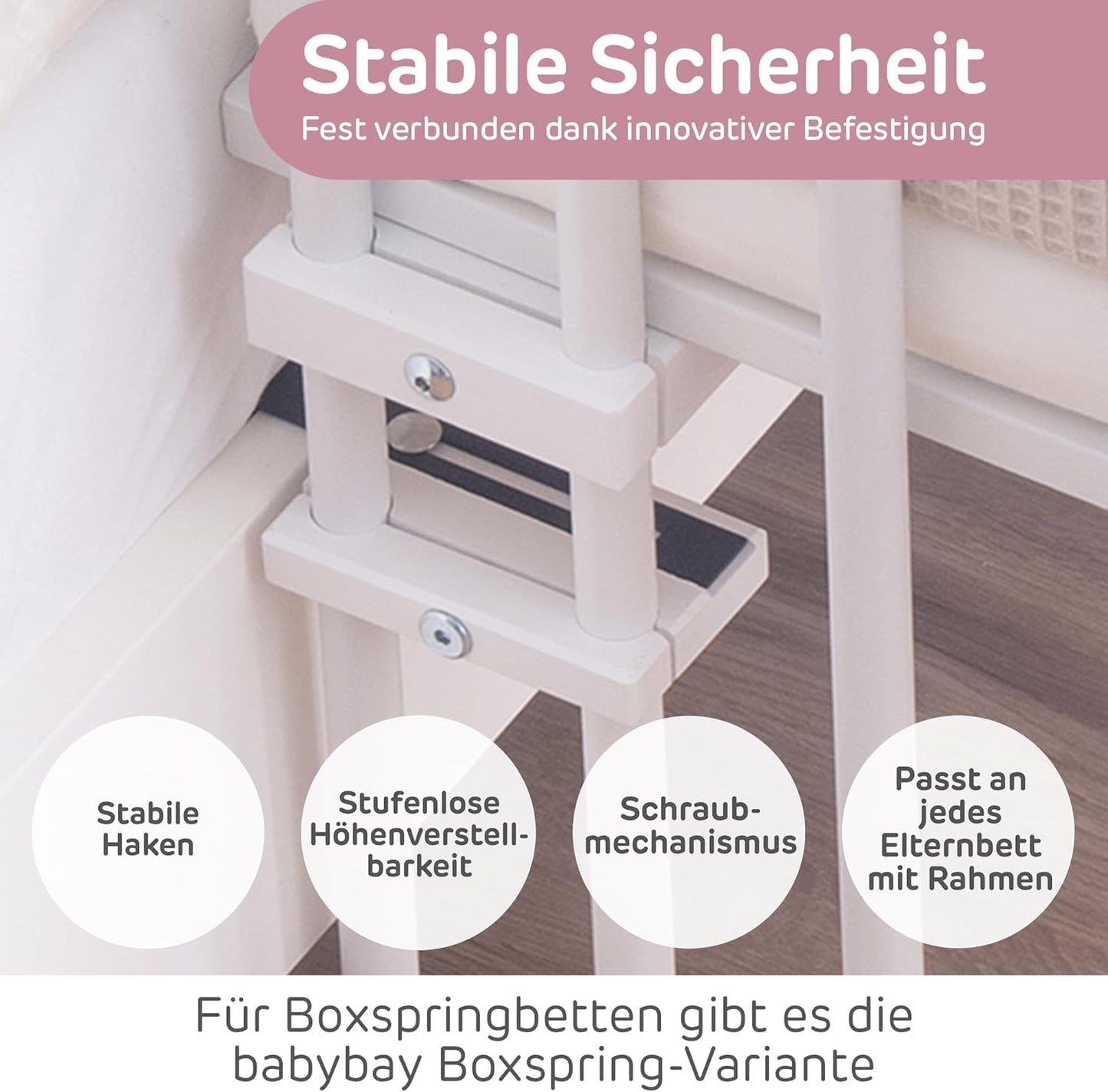 babybay Original Beistellbett aus massivem Buchenholz mit Matratze – Höhenverstellbares mitwachsendes Babybett