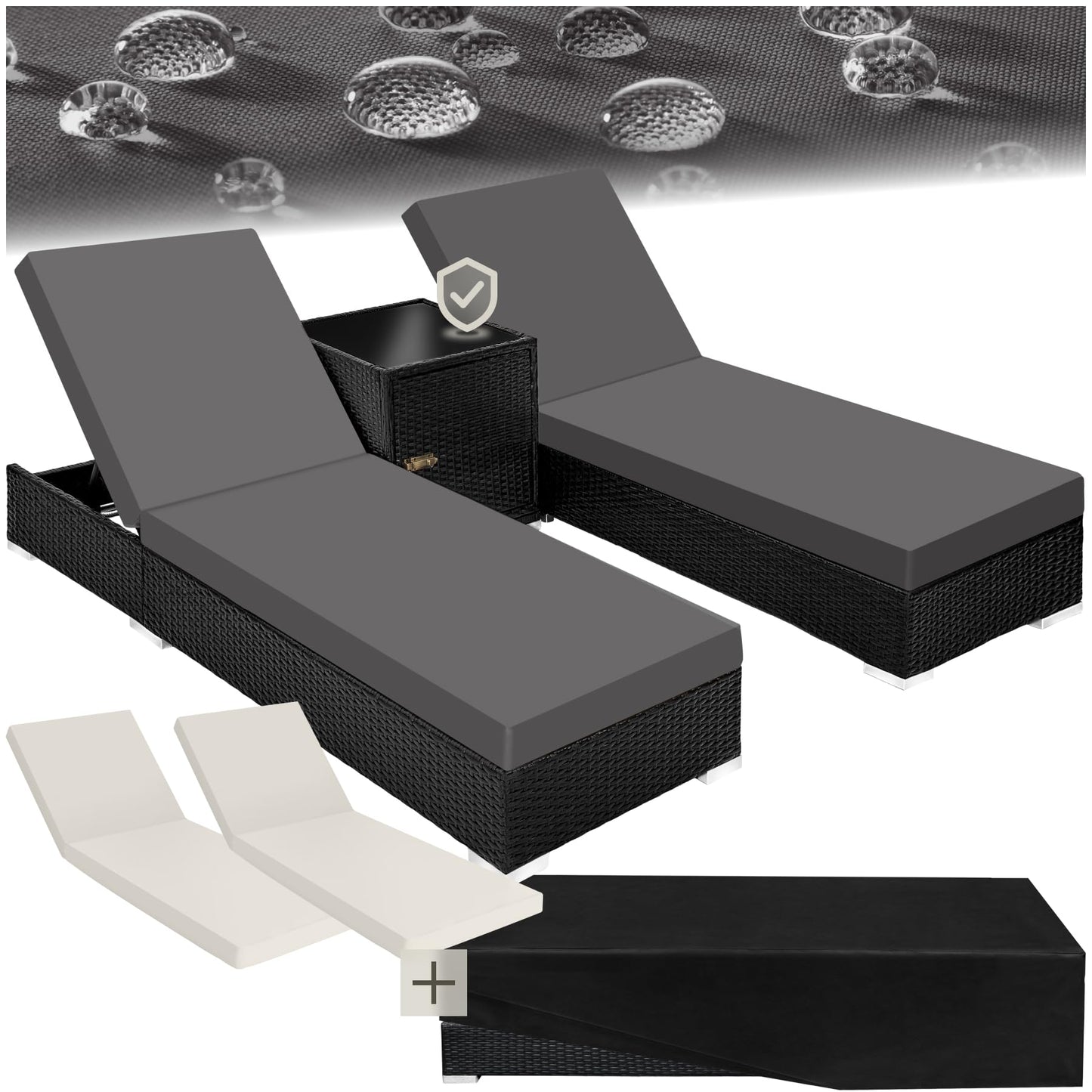 tectake 2er Gartenliege Set mit Tisch - Aluminium & Polyrattan Sonnenliegen, 5-fach Verstellbar, Schutzhülle inklusive