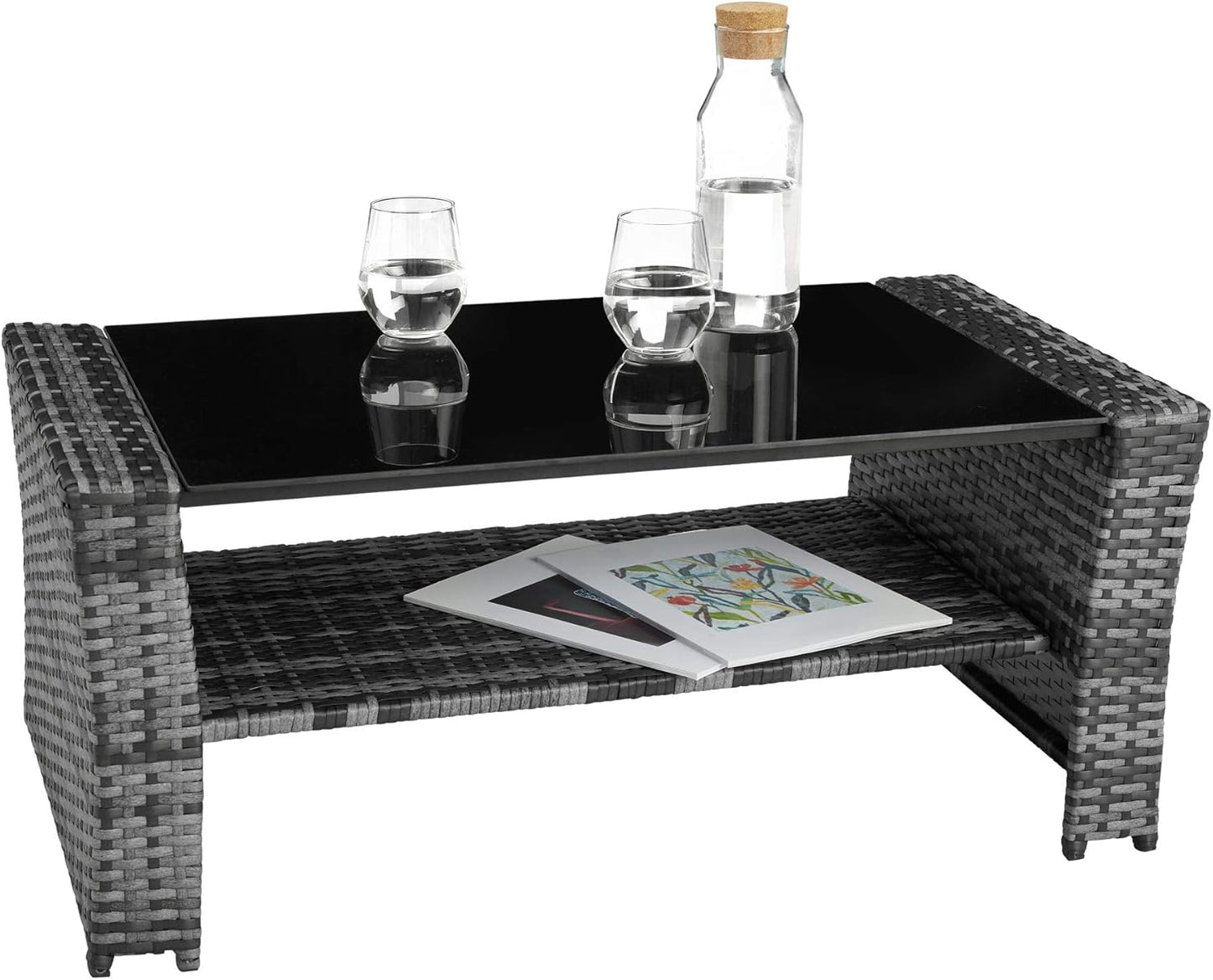 tectake Polyrattan Garten Lounge Set 4 Personen mit Hocker & Auflagenbox, Outdoor Sitzgruppe mit Tisch & Kissen, Balkonmöbel