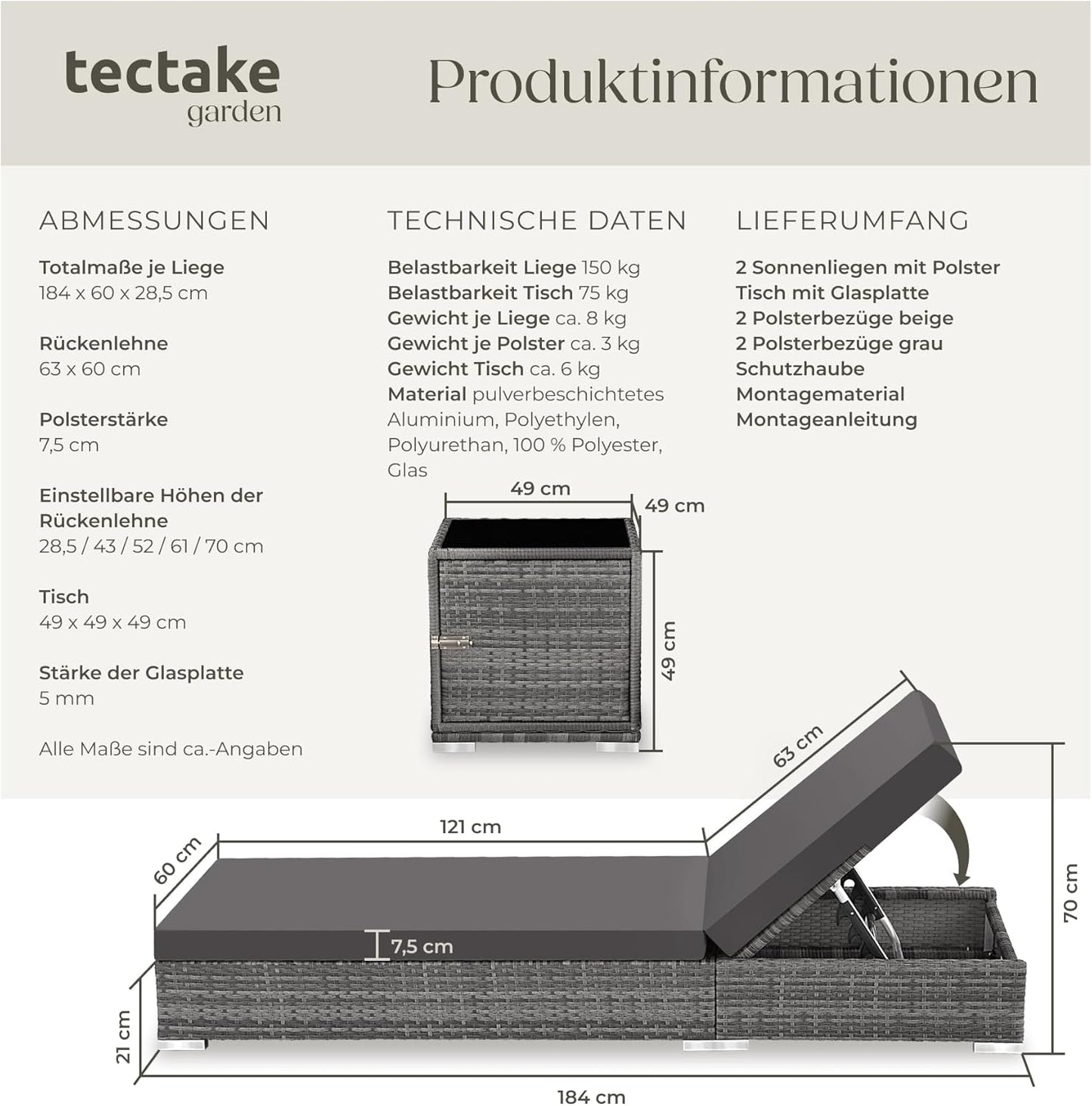 tectake 2er Gartenliege Set mit Tisch - Aluminium & Polyrattan Sonnenliegen, 5-fach Verstellbar, Schutzhülle inklusive