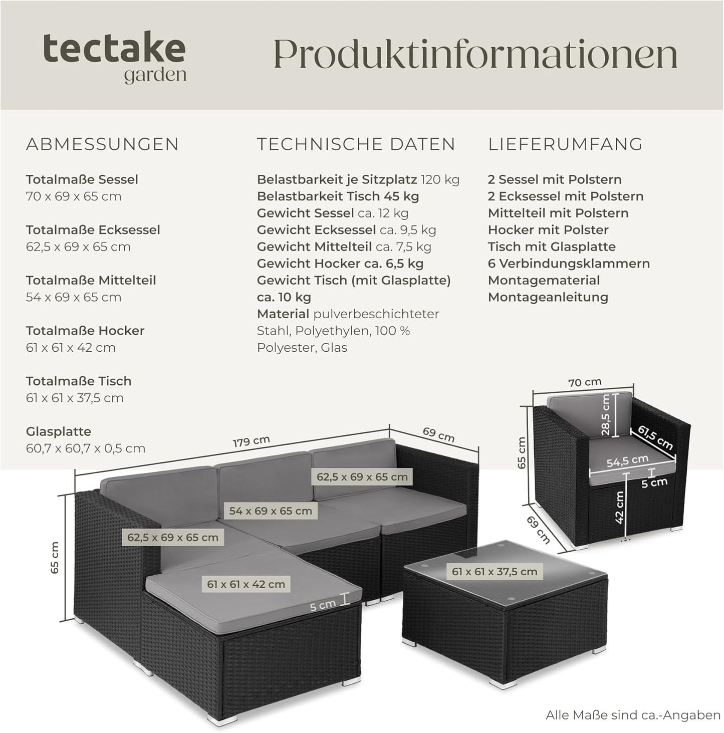 tectake Poly Rattan Lounge Gartenmöbel Set mit Sofa, Sesseln & Tisch – Wetterfeste Outdoor Sitzgruppe