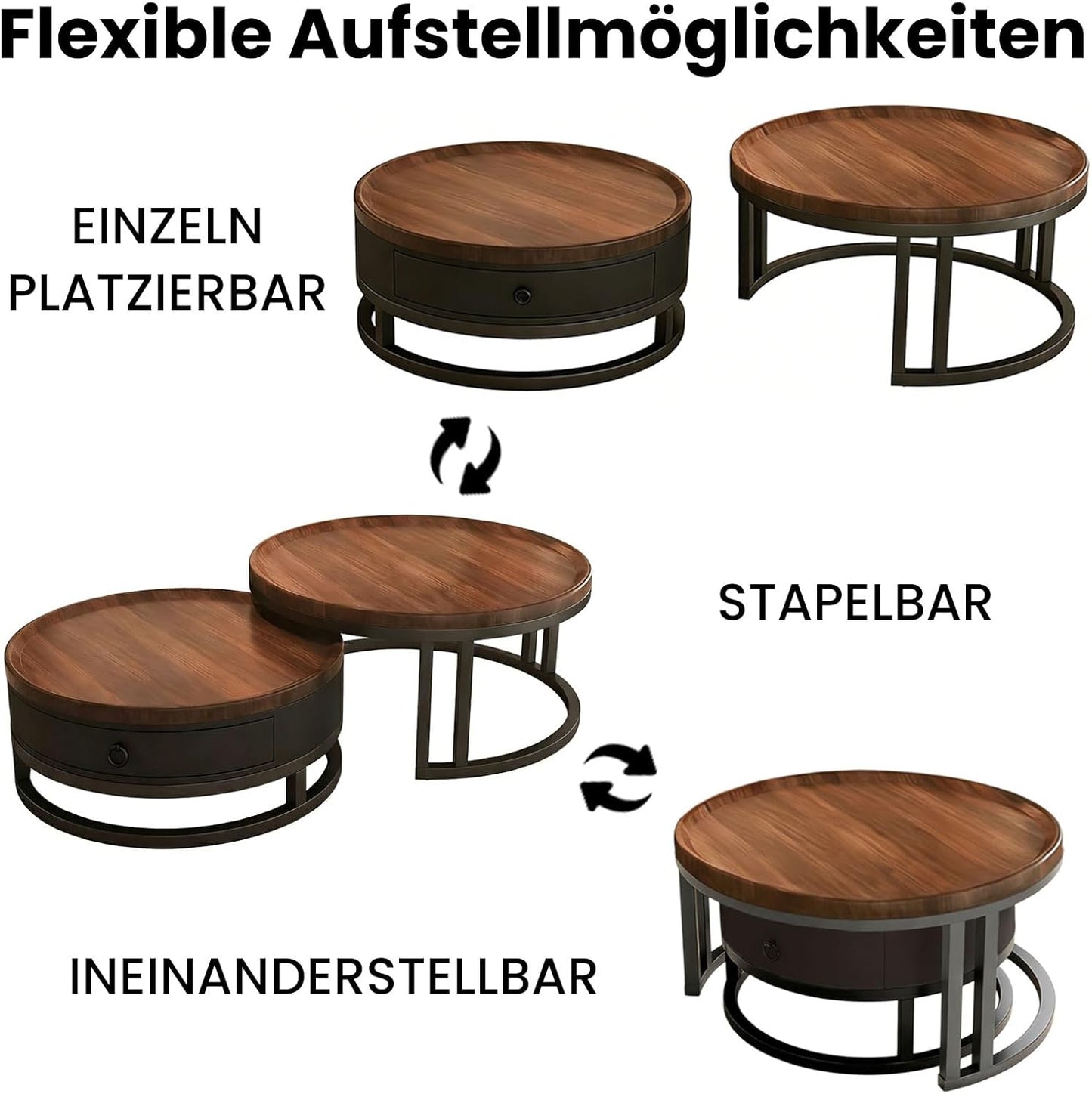 Couchtisch rund 2er Set mit Stauraum, Wohnzimmertisch mit Holz Schubladen, Walnussoptik und Metallrahmen, Moderne Kaffeetische Satztische Sofatisch für Wohnzimmer Schlafzimmer