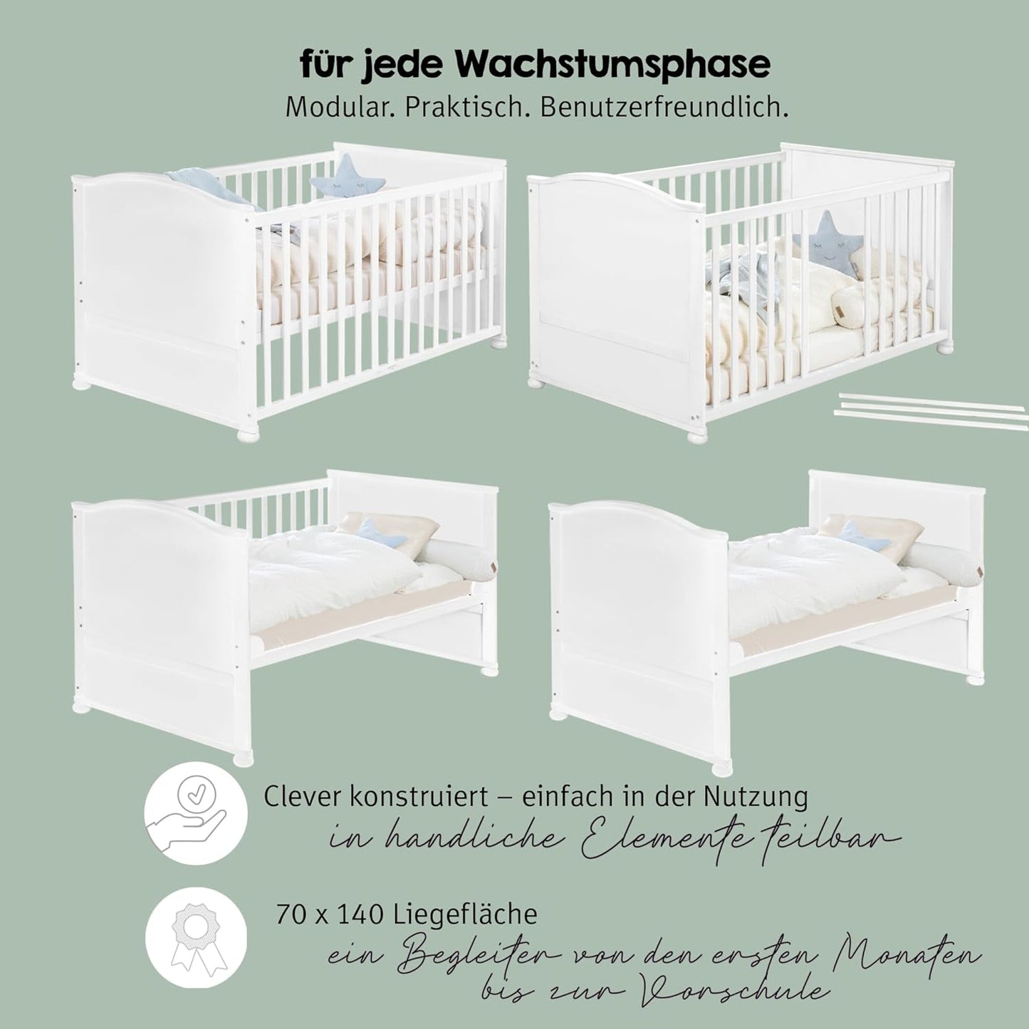 roba Babybett Set 70x140 mit Matratze, Bettwäsche & Himmel, Umbaubar zum Juniorbett