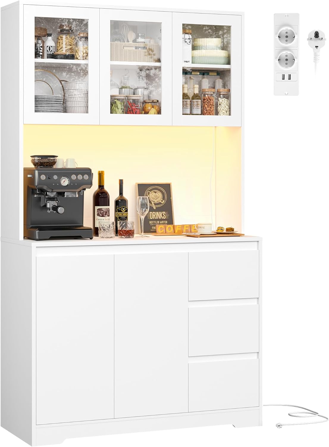 FirFurd Küchenschrank Weiß 180x100x38,5 cm mit LED, Steckdose, Arbeitsplatte, Buffetschrank mit Glastüren & 3 Schubladen