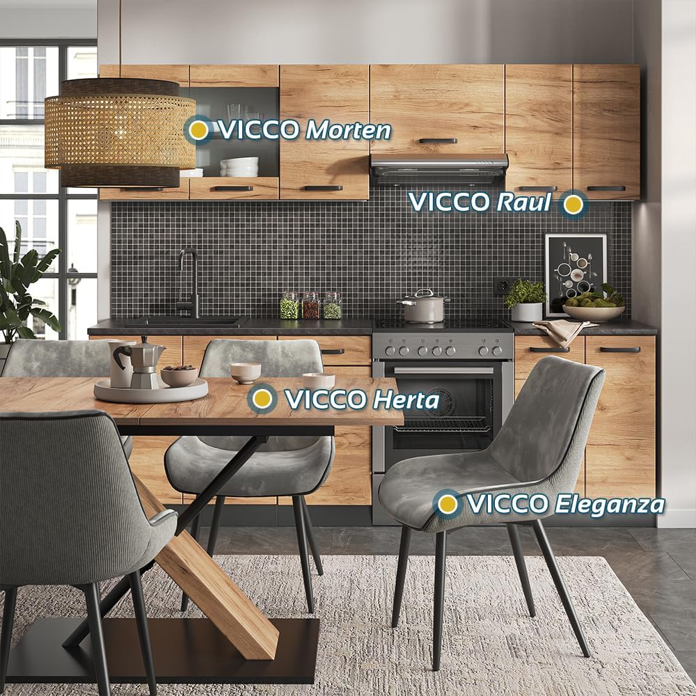 Vicco Raul Küchenzeile Goldkraft Eiche Anthrazit, Modulare Einbauküche mit Arbeitsplatte & Stauraum