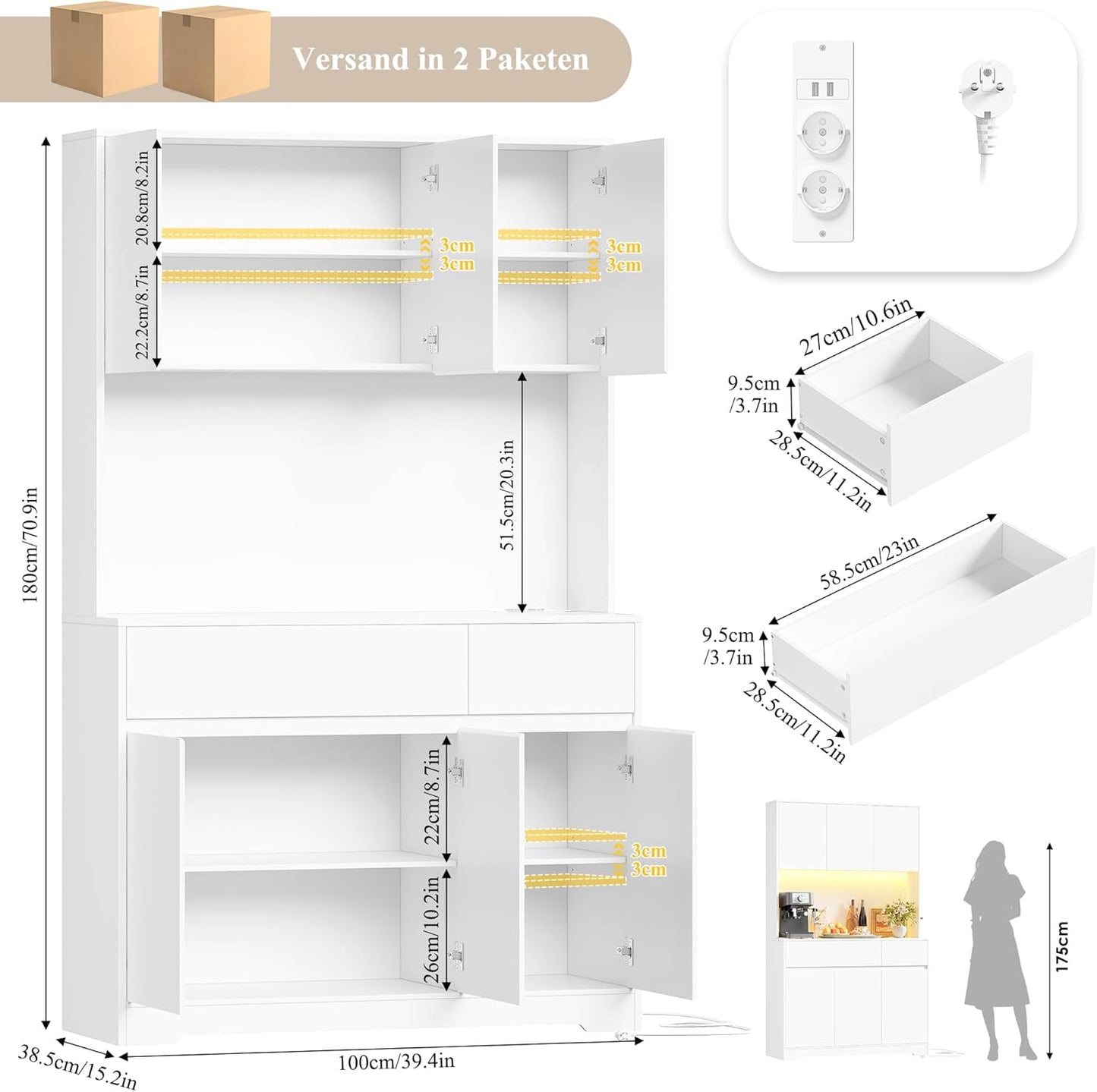 FirFurd Küchenschrank Buffetschrank Weiß 180x100x38,5 cm mit LED, Steckdose, Arbeitsplatte, Sideboard mit Türen & Schubladen
