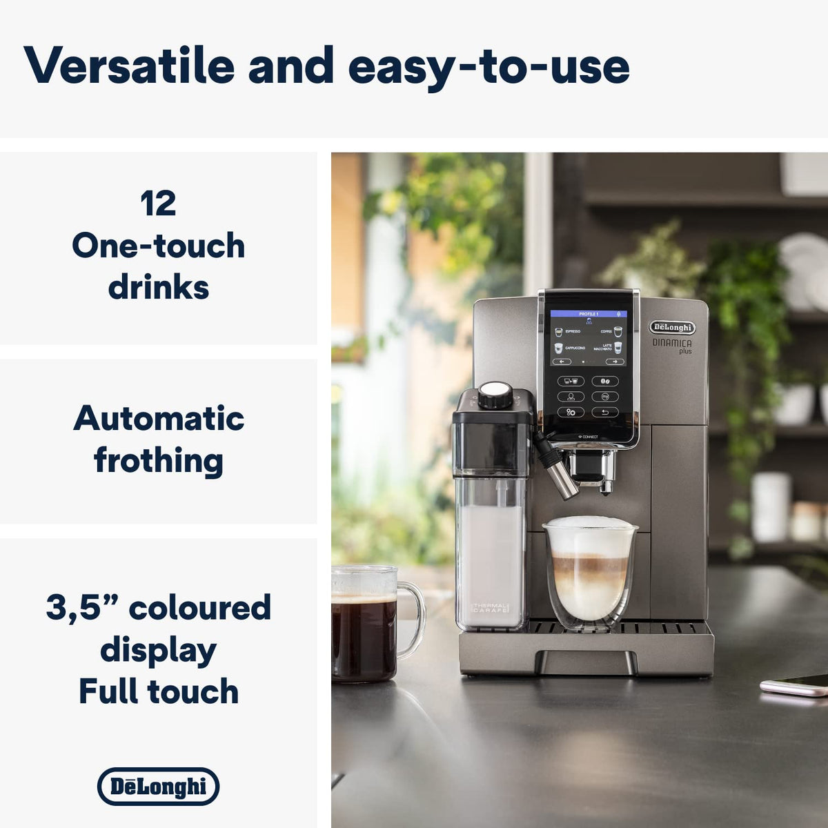 De'Longhi Dinamica Plus ECAM370 95 t Automatic Bean to Cup Coffee Machine Lattecrema Hot