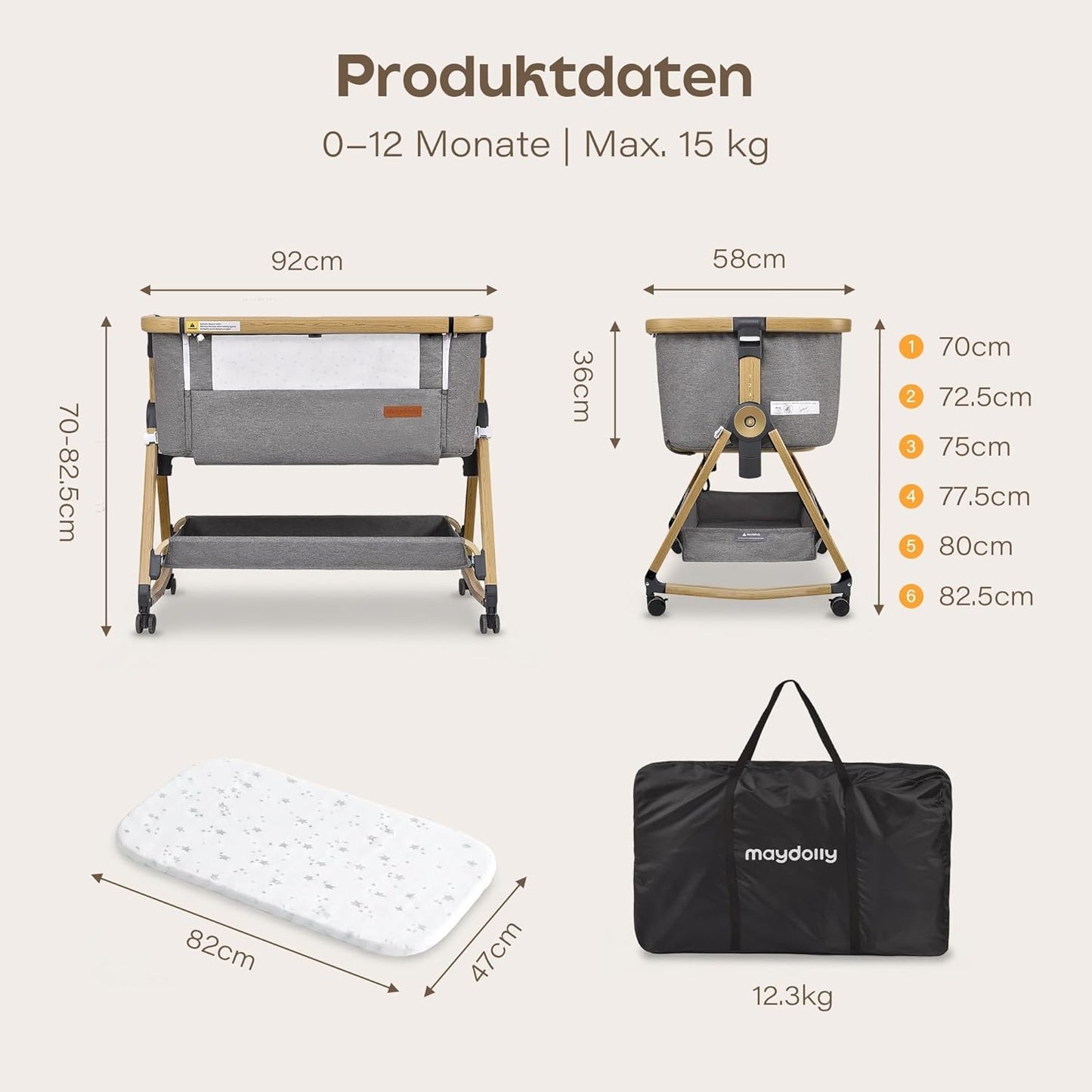 Maydolly 3-in-1 Baby Beistellbett Grau mit Matratze & Moskitonetz, Höhenverstellbares Reisebett mit Rollen für Neugeborene