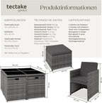 tectake Rattan Lounge Set mit Aluminiumgestell, 4 Stühle, 4 Hocker & Glastisch Wetterfeste Gartenmöbel