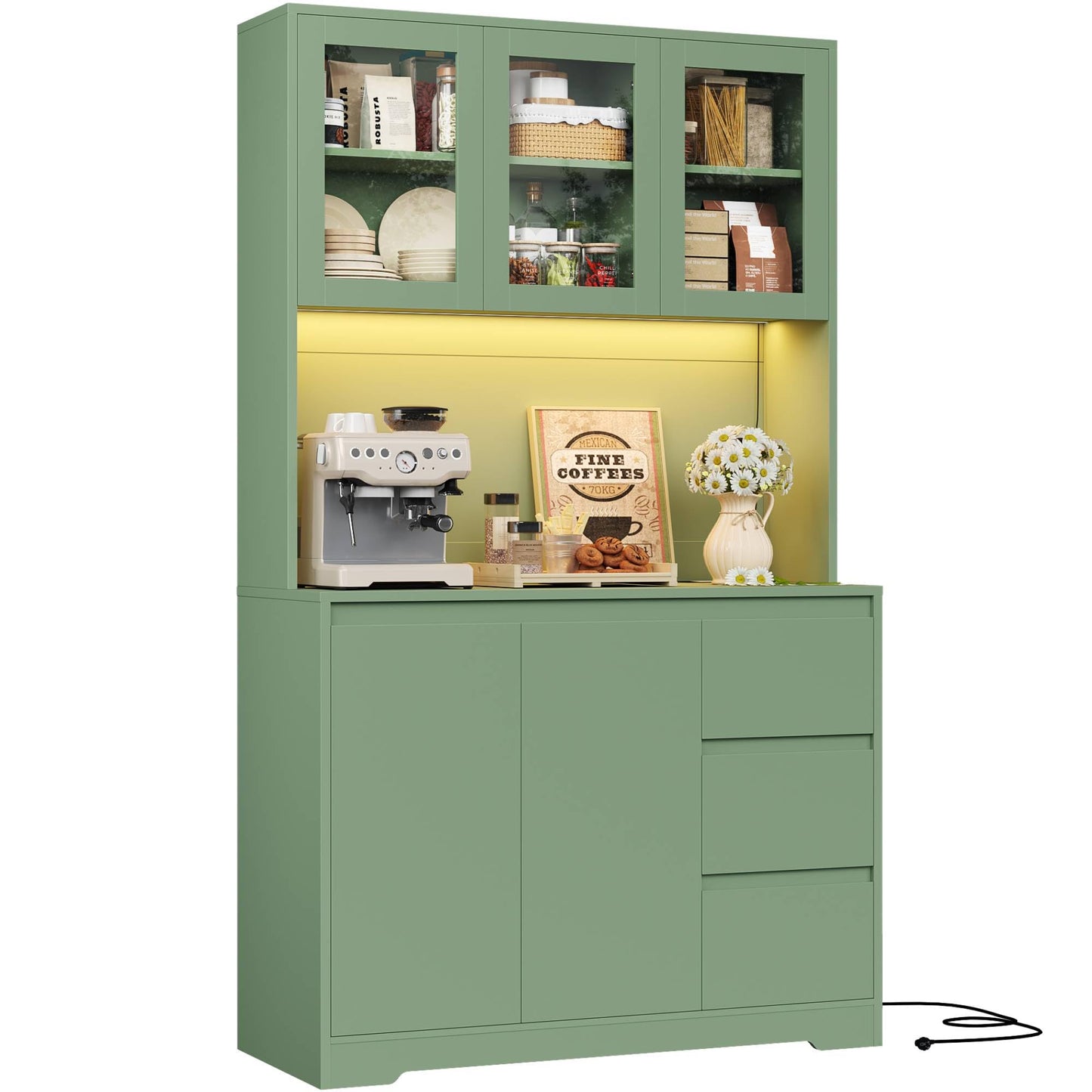 FirFurd Küchenschrank Weiß 180x100x38,5 cm mit LED, Steckdose, Arbeitsplatte, Buffetschrank mit Glastüren & 3 Schubladen