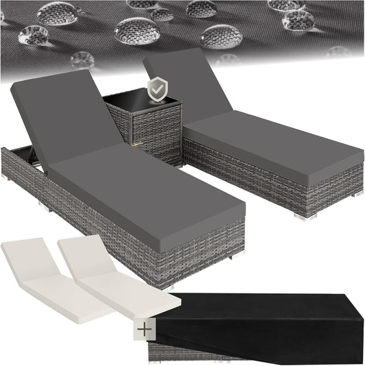 tectake 2er Gartenliege Set mit Tisch - Aluminium & Polyrattan Sonnenliegen, 5-fach Verstellbar, Schutzhülle inklusive