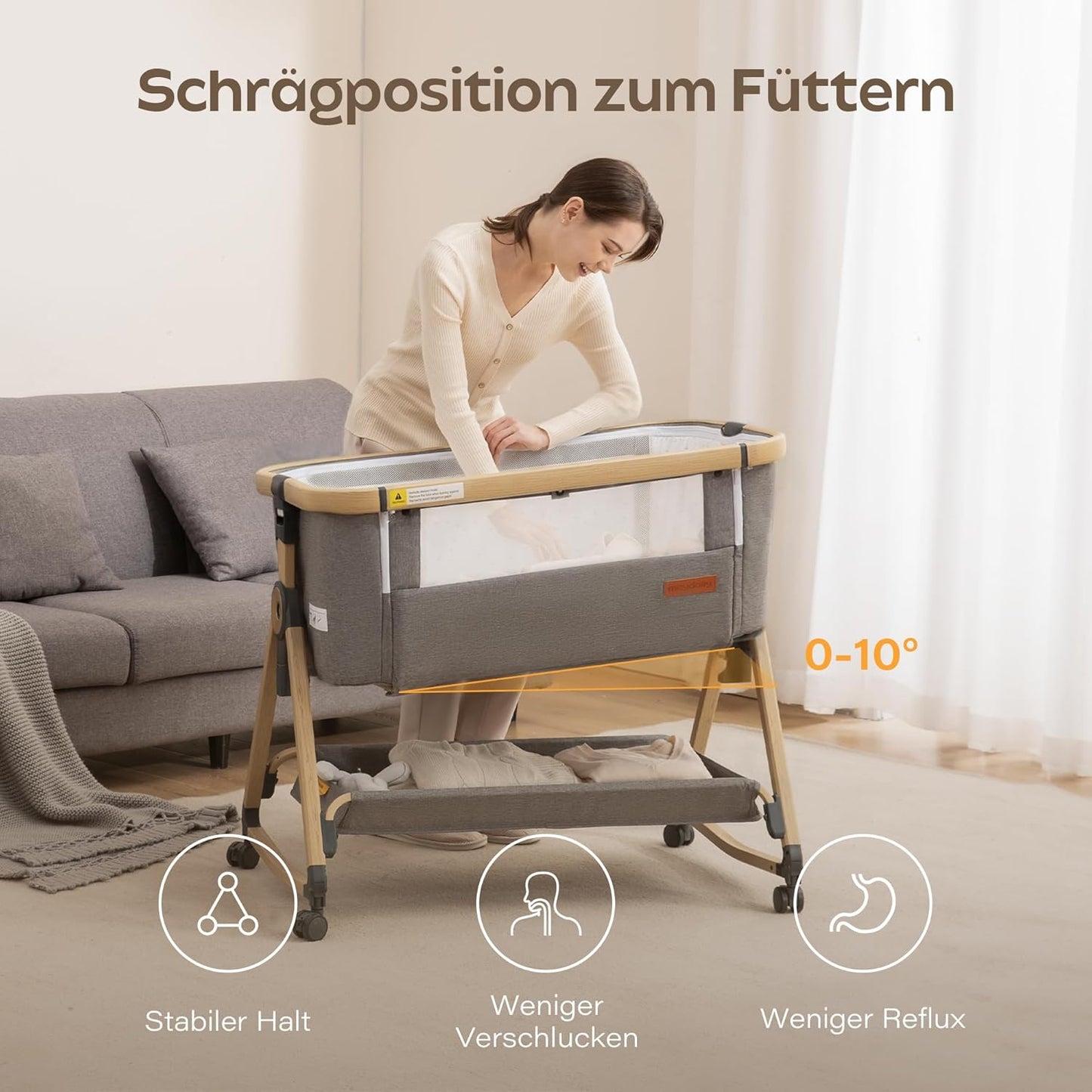Maydolly 3-in-1 Baby Beistellbett Grau mit Matratze & Moskitonetz, Höhenverstellbares Reisebett mit Rollen für Neugeborene