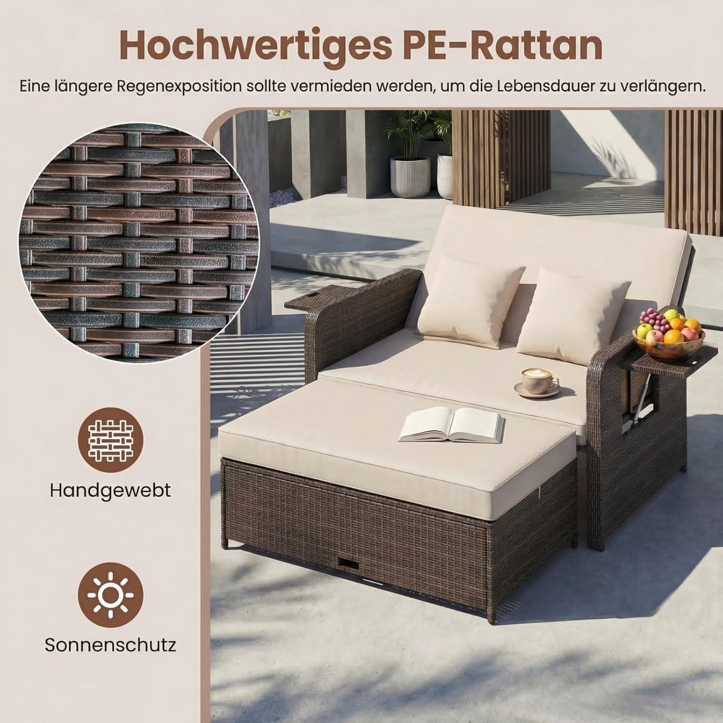 GIANTEX Rattan Lounge Gartenmöbel Set 2-Sitzer Doppelliege mit Hocker & Stauraum, Verstellbares Outdoor Sofa Balkon Terrasse