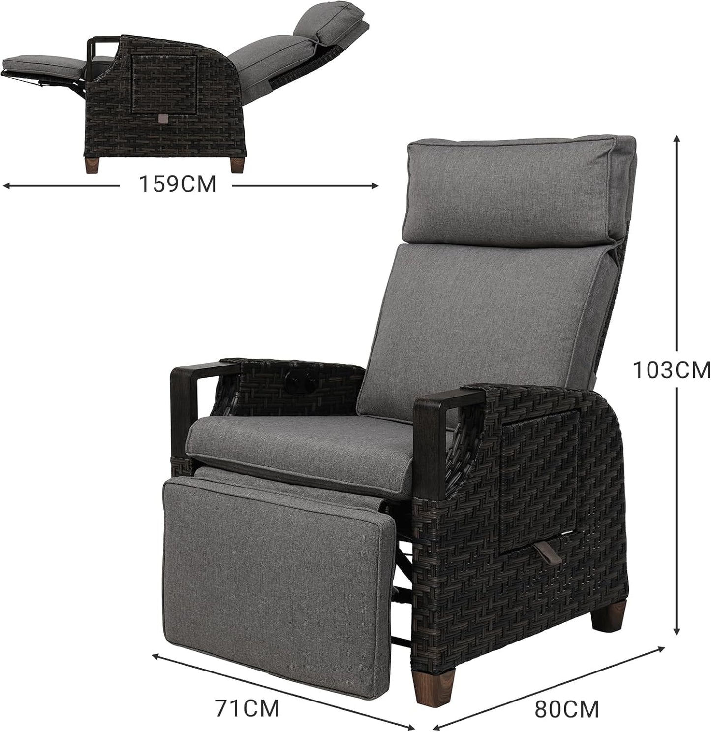 Grand patio Relaxliege Rattan Sonnenliege mit Verstellbarer Rückenlehne & Sitzkissen, Outdoor Liegesessel Braun/Dunkelgrau