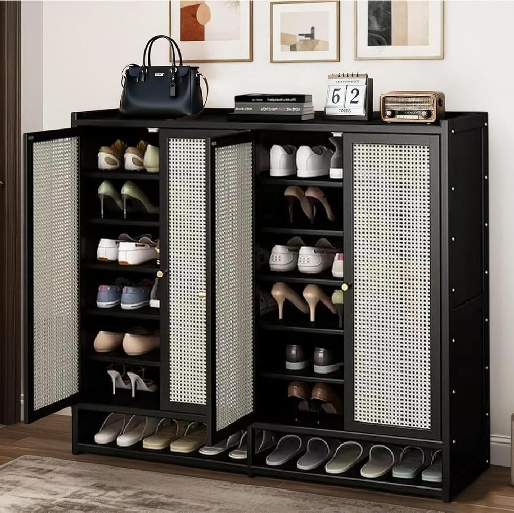 Schuhschrank Holz mit Korbgeflecht-Türen, Moderner Bambus Schuhschränke, Schuhregal mit Stauraum, Shoes Cabinet für Flur, Wohnzimmer, Schlafzimmer,H