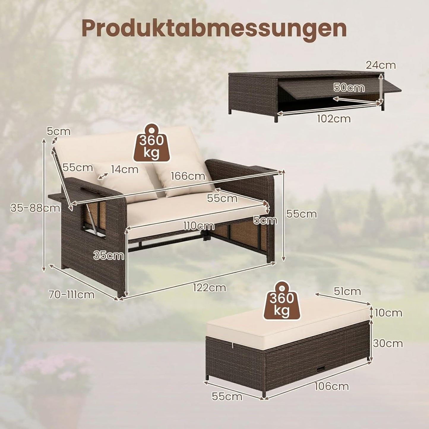 GIANTEX Rattan Lounge Gartenmöbel Set 2-Sitzer Doppelliege mit Hocker & Stauraum, Verstellbares Outdoor Sofa Balkon Terrasse