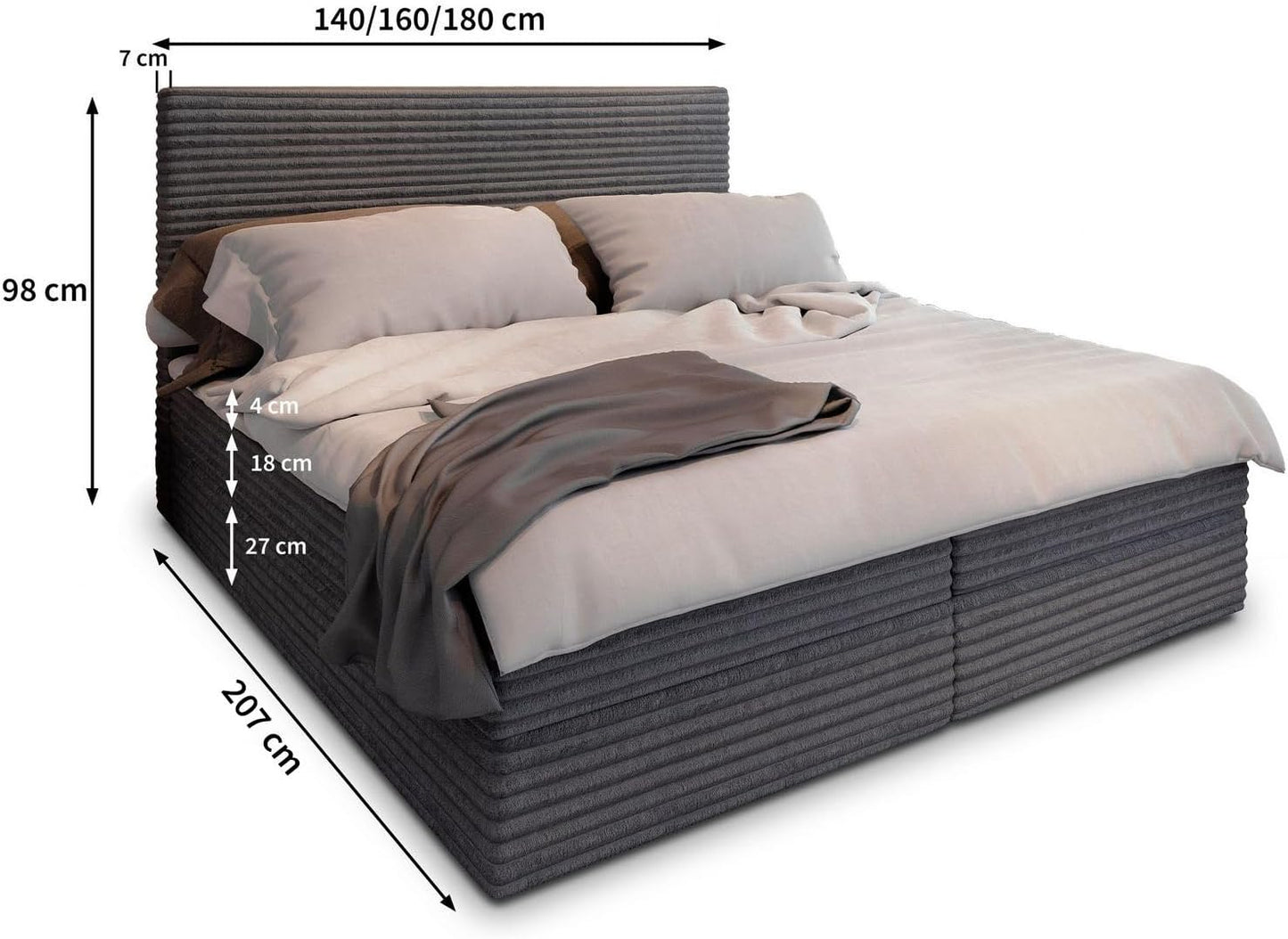 Masseno Boxspringbett PISA Polsterbett Creme mit Matratze & Topper, Bettkasten, gepolstertes Kopfteil TILIA 03