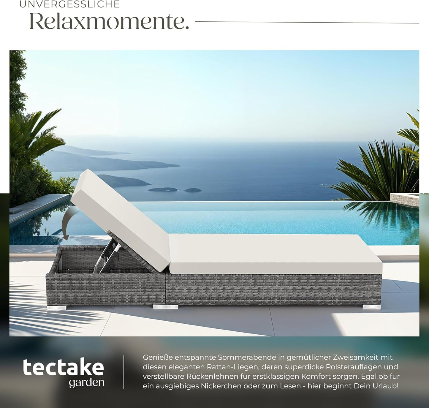 tectake 2er Gartenliege Set mit Tisch - Aluminium & Polyrattan Sonnenliegen, 5-fach Verstellbar, Schutzhülle inklusive