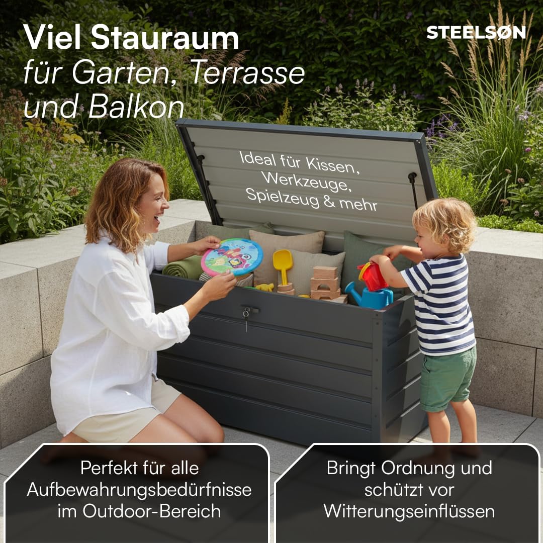 STEELSØN Gartenbox Dorado Metall Anthrazit wasserdicht abschließbar Auflagenbox mit Deckel Outdoor Aufbewahrungsbox