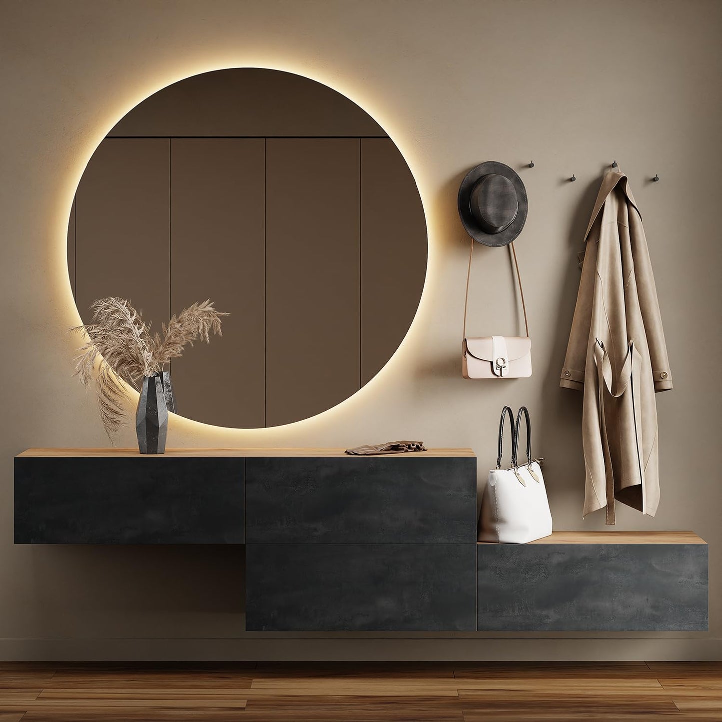 Planetmöbel Flur Garderobe mit Stauraum & Klappe – Hängeschrank Wandgarderobe Holzwerkstoff Gold Eiche Anthrazit