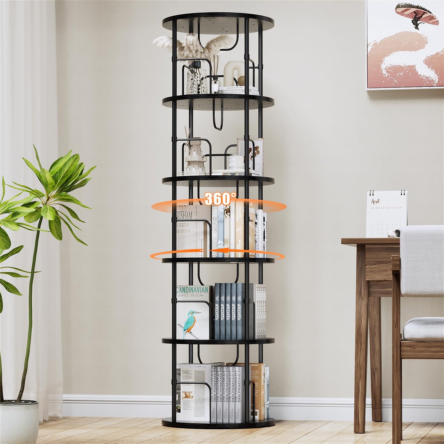 360° Drehbares Bücherregal, Bodenstehendes Bücherschrank Aus Holz, Bookshelf Mit 5 Ebenen, Verstellbare Ebenen, Standregal, 45×45×160cm, Weiß